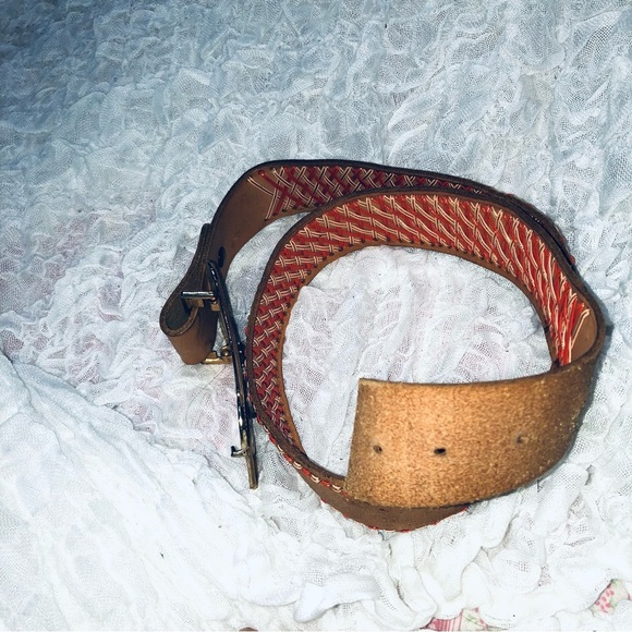 Vintage belt woven like orange and white design- silver gold horse belt buckle - Picture 6 of 9